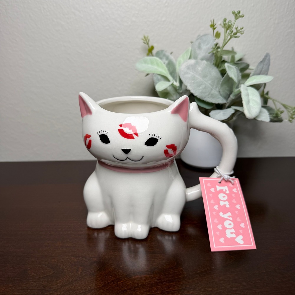 Sheffield Home White Cat Mug with Red Kiss Marks Valentine's Day Tail Handle NEW